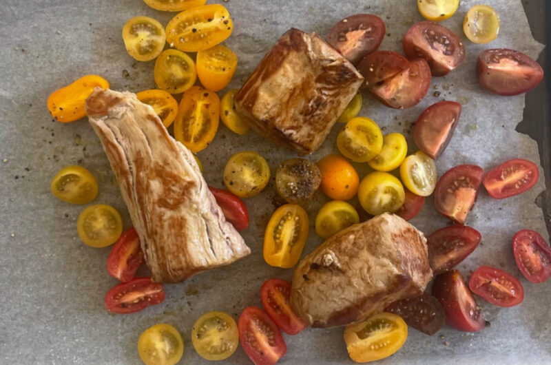 PORK FILLET with Brussel sprouts Mushroom Snow Peas  & Cherry Tomato